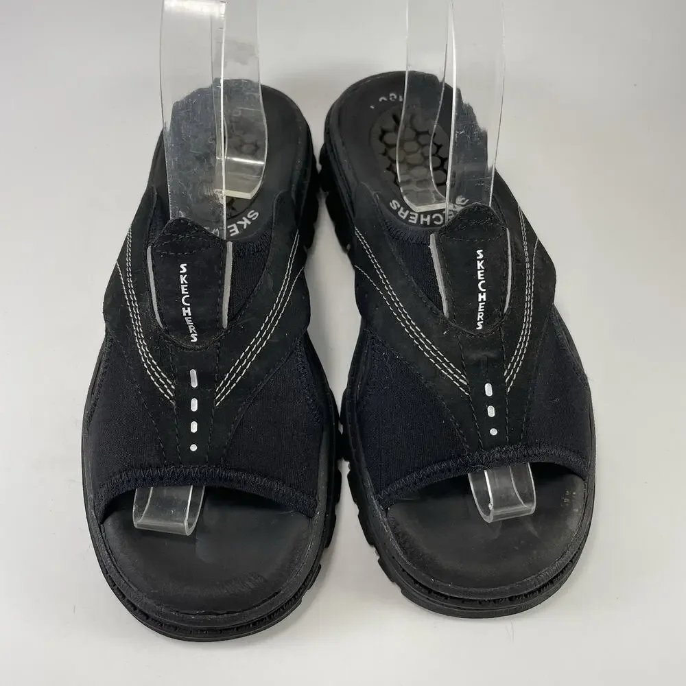 Skechers Sandals Womens Size 7 Vintage Black Sporty Y2K Thick Sole Slides